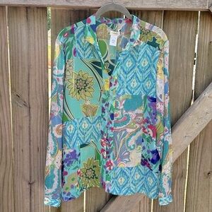 Coldwater Creek Multicolored Boho Mixed Print Lightweight Button Down Top
